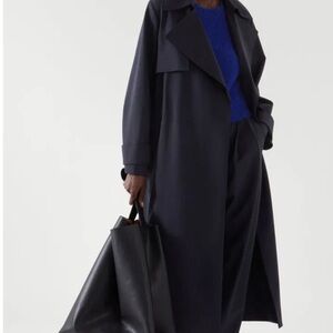 COS Navy Double Breasted Maxi Trench Coat Wool Blend